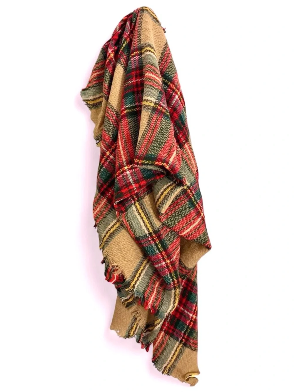 Plaid Fringe Blanket Scarf - Beige, Red & Green